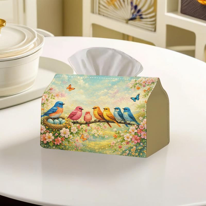 2D Flat, 2D Flat, 1pc 2D Flat-printed Floral and Bird-themed Tissue Box In a Fresh Style, Suitable for Living Rooms, Bedrooms, Studies, and Dining Roo