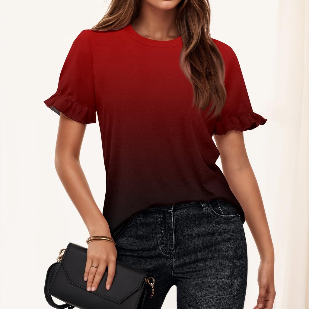 Ladies Summer Print Short Sleeve Ruffle Round Neck T-Shirt