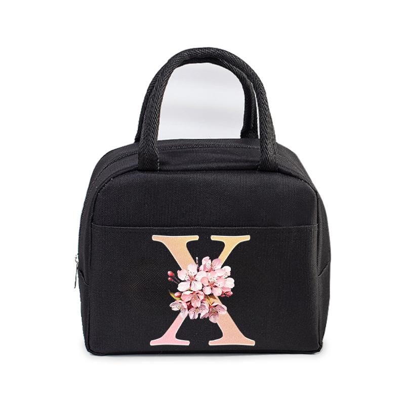 Cherry Blossom Letter N-Z Print Women Men Lunch Bag Fashion Alphabet Portable Insulated Bag School Multifunctional Bento Handbag