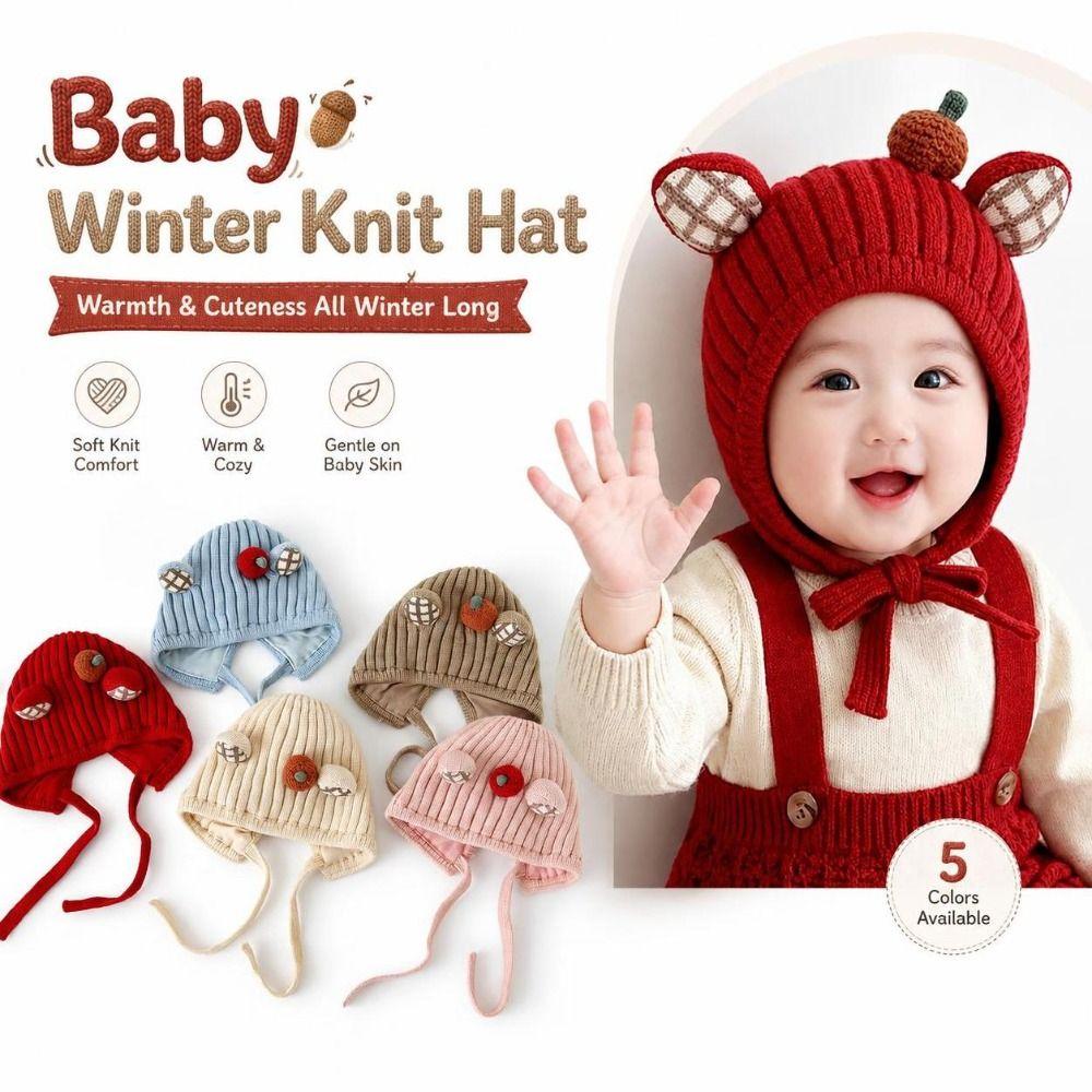 Knitted Baby Winter Hat with Plaid Ear Details Earflap Beanie Infant Knit Hat Cold Weather Outings