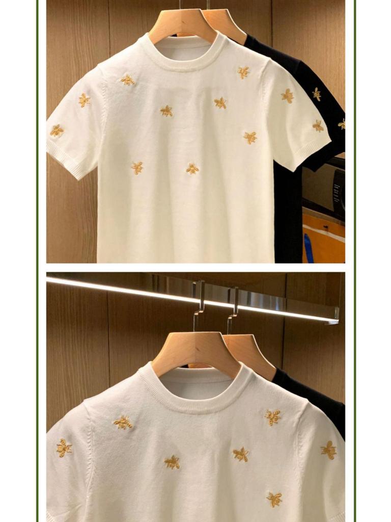 Men's Trendy European Bee Embroidery Knit T-Shirt, Short-Sleeved, Round Neck, Light Luxury Style