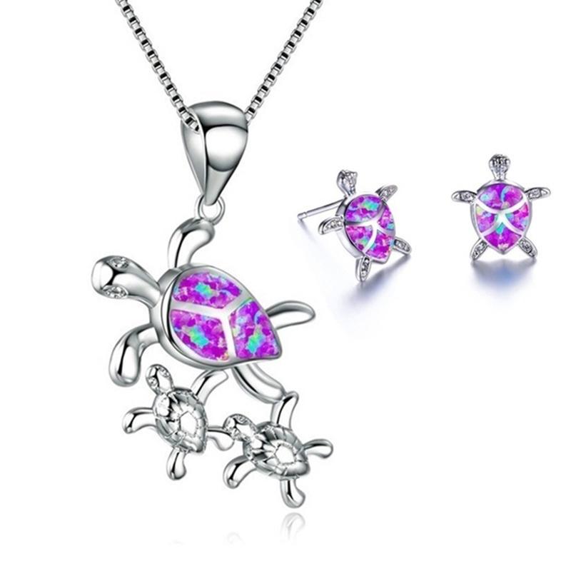 Fashion Cute Turtle Animal Jewelry Set For Women Imitation Blue Fire Opal Pendant Necklace Earrings Set Women Wedding Band фиолетовый