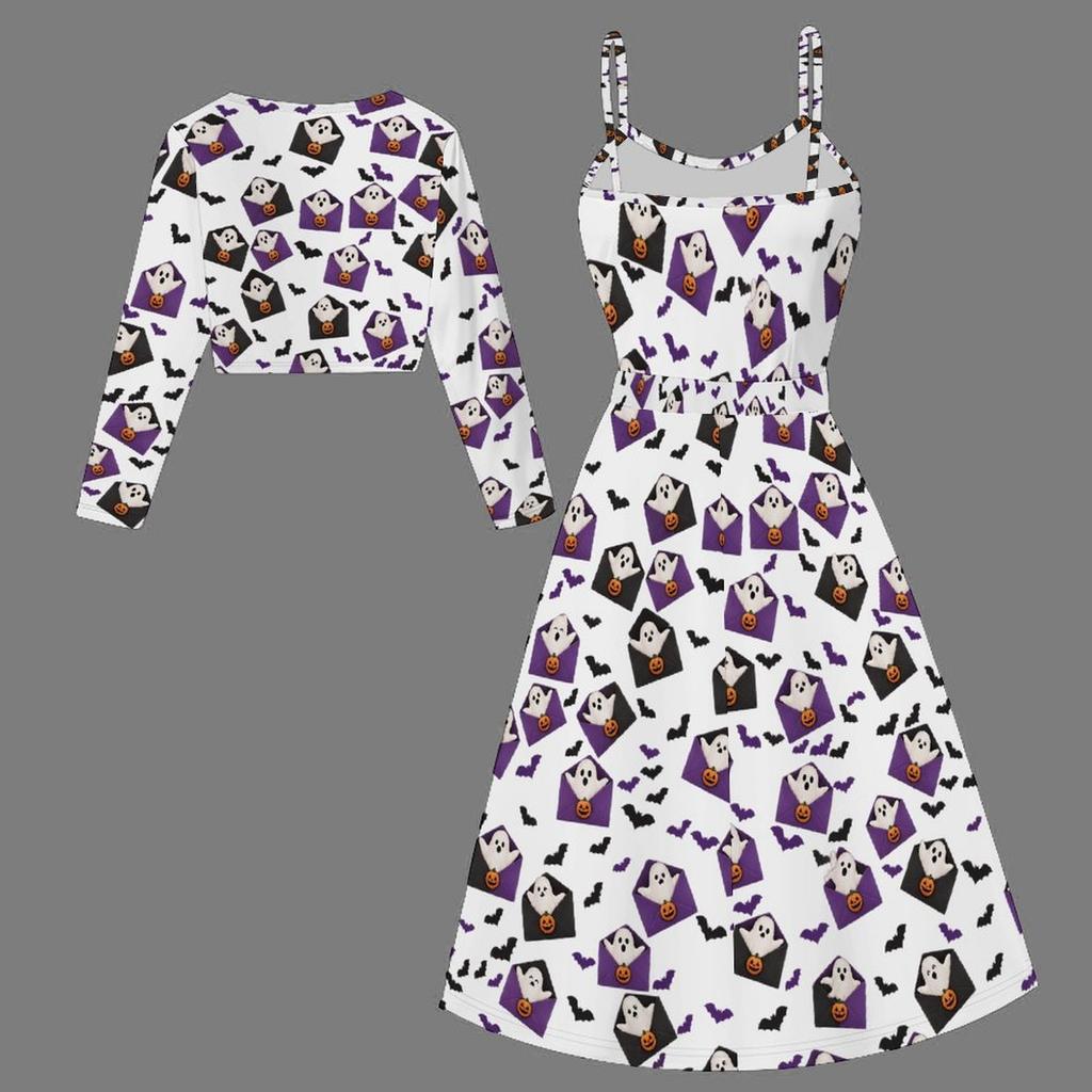 Women Plus Size Two Piece Outfit Long Sleeve Cropped Shrug Strappy Tie Waist Halloween Printed White Long Dress