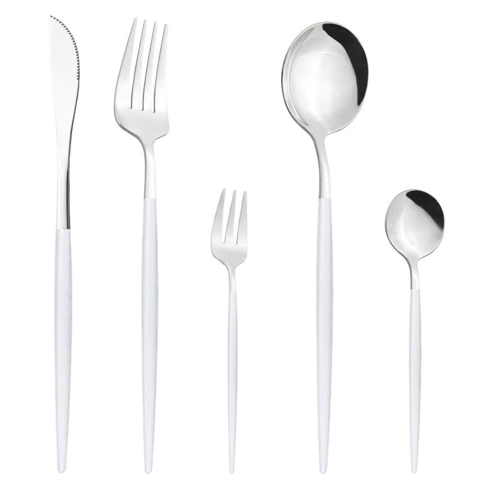 5Pcs White Gold Dinnerware Cutlery Set Knife Dessert Fork Coffee Spoon Tableware Stainless Steel Dinner Flatware Silverware Set