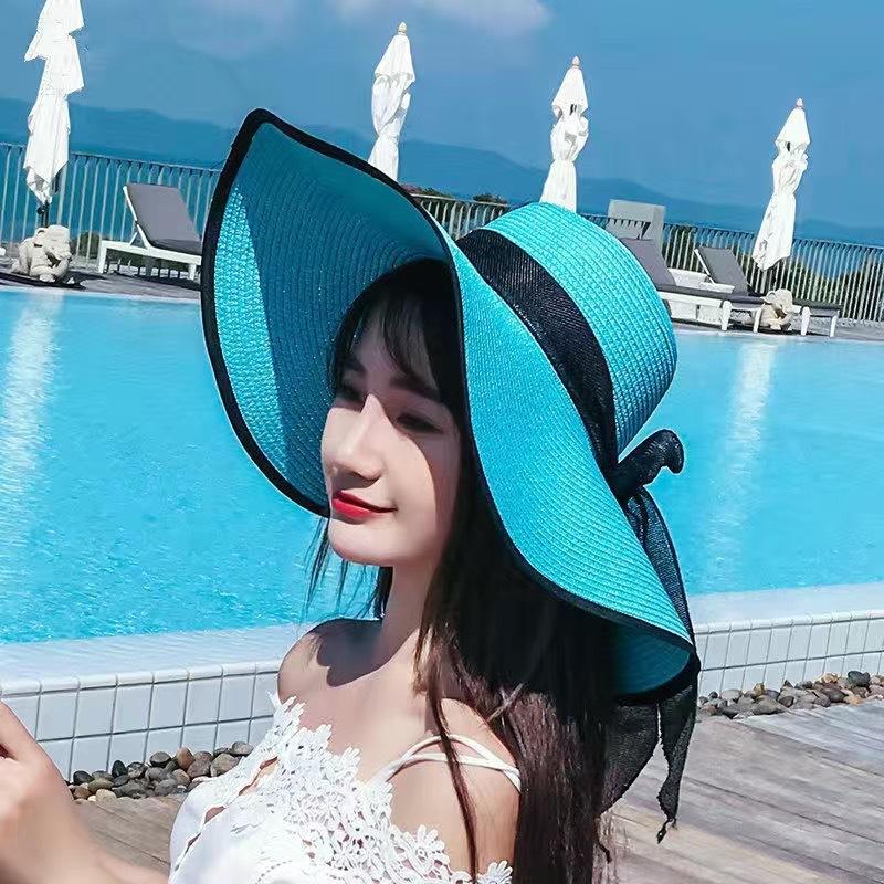 Straw hat women's summer sun protection extra large brim sun hat beach seaside vacation sun hat foldable hat tide