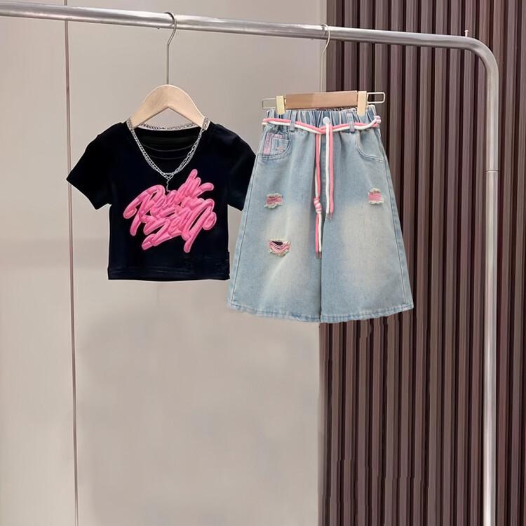 Children's Graffiti Short Sleeve Denim Ripped Pants Set Children's Suit Girls Set