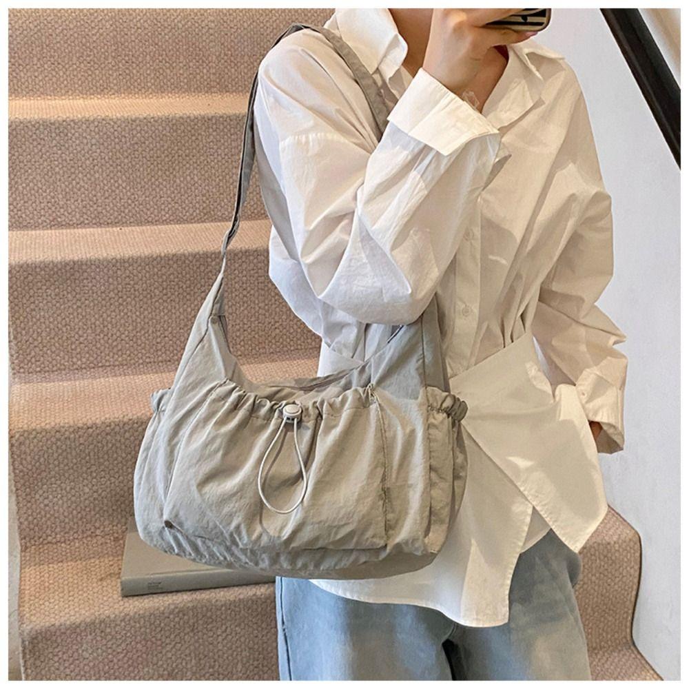 Pleated Nylon Shoulder Bag Handbag Drawstring Bag Fashionable Crossbody Bag  Women