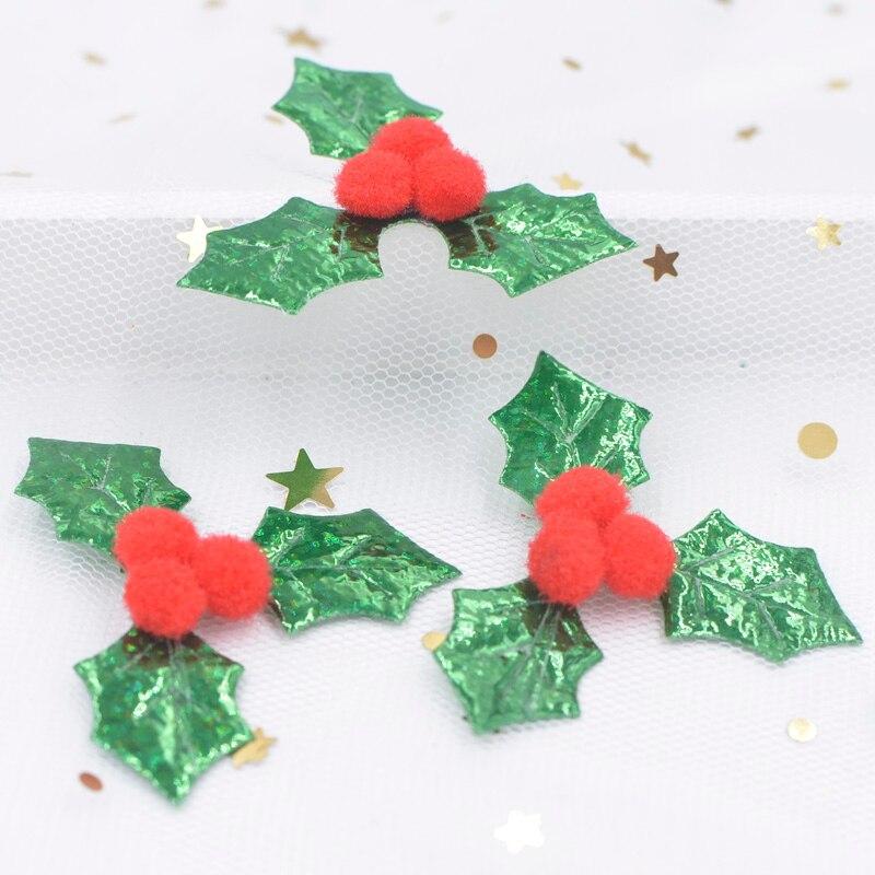 30Pcs Glitter Green Holly Leaf and 3D Red Berry Appliques Patches for Christmas Decor, Table Ornament, Stickers Accessories
