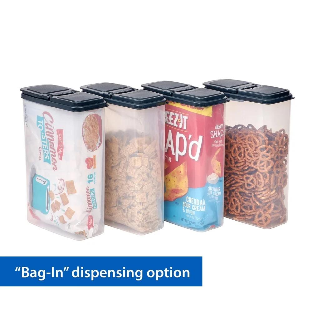 Multi Use Plastic Dispensers Set of 4 Clear Storage Containers Dark Gray Lids Stackable Kitchen Organizer Versatile 7.75x4x11.4