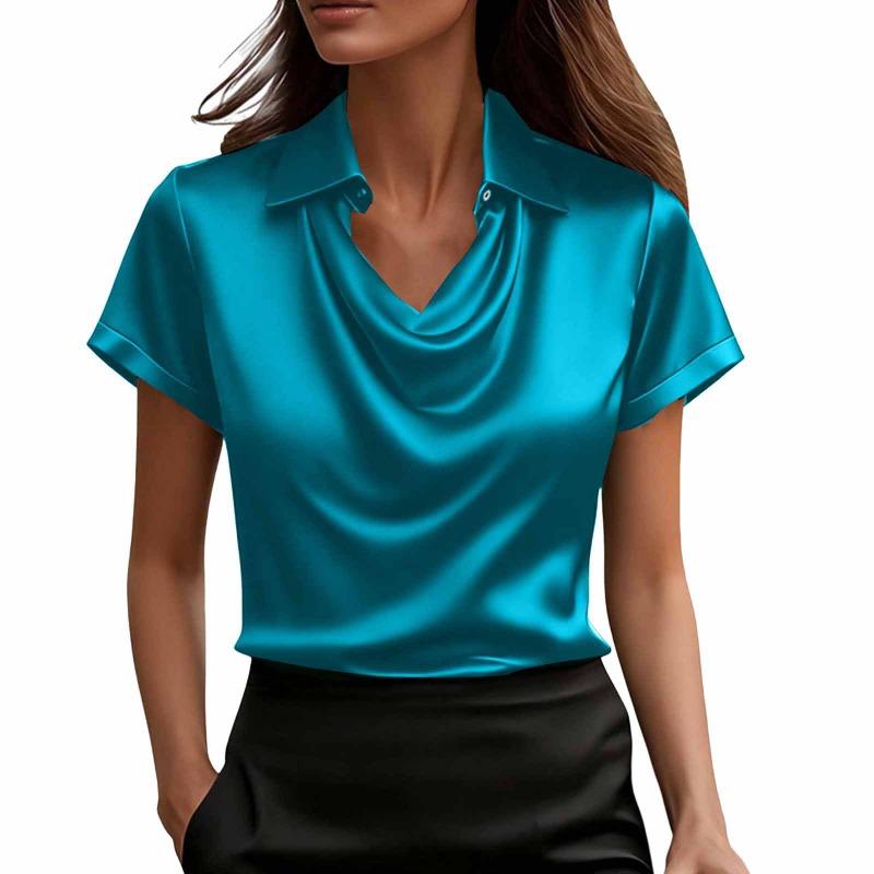 Damen Satin Schalkragen Bluse Kurzarm mit Kragen Lässig Elegant Täglich Büro Arbeitskleidung Basic Oberteil