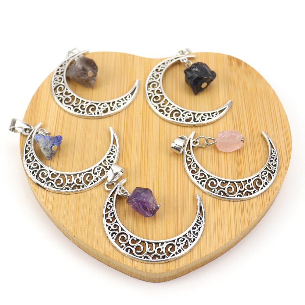 Hollow Moon Natural Rough Stone Crystal Pendant Necklace Amethyst Pendant Couple Necklace N597