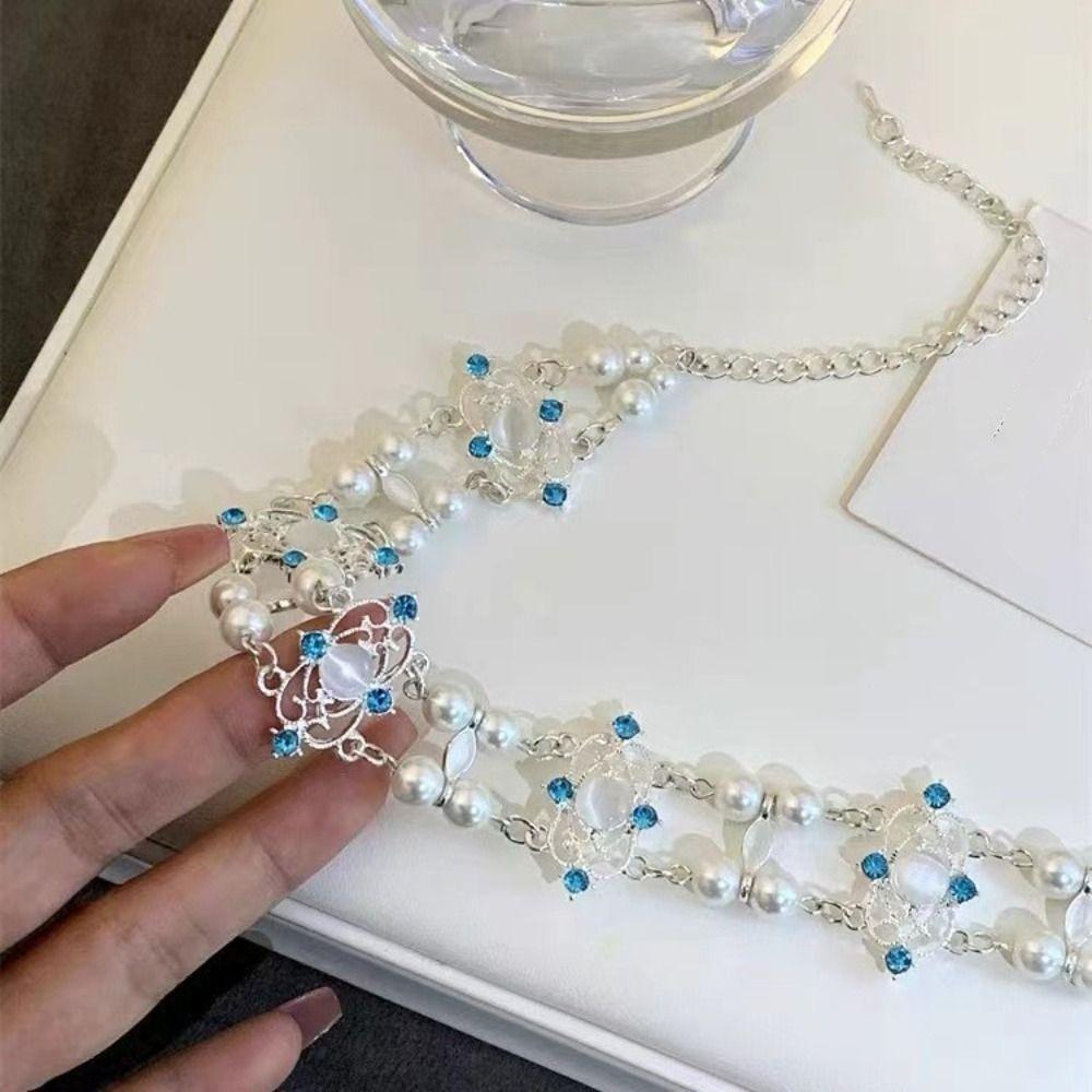 Sweet Pearl Beads Choker Hollow Women Collarbone Chain Cool Pearl Metal Necklace  Unisex