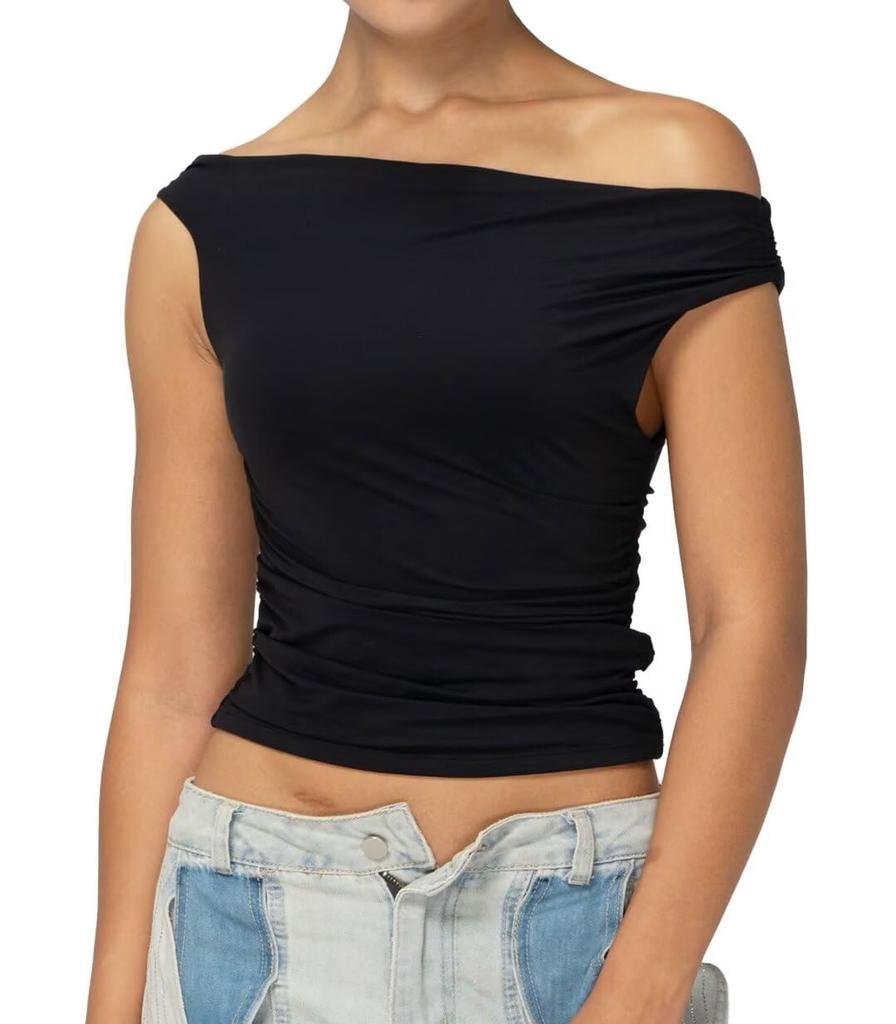 Schulterfreies, ärmelloses Crop-Top für Damen, trendiges Y2K-Ausgeh-Tankshirt, asymmetrischer Ausschnitt und gerüschtes Detail