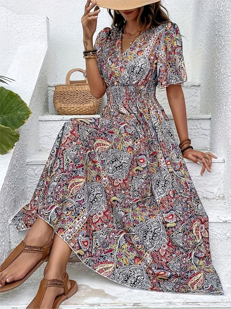 Abito Lungo Floreale Bohemien a Vita Alta per Vacanze e Uso Casual