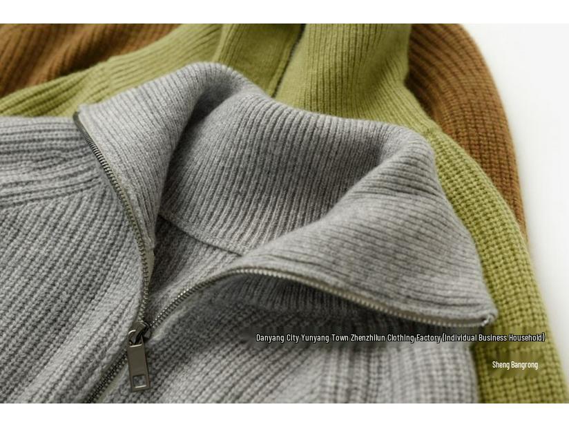 Women's European Style Pure Wool Turn-Down Collar Cashmere Cardigan with Double Zipper Knitwear.