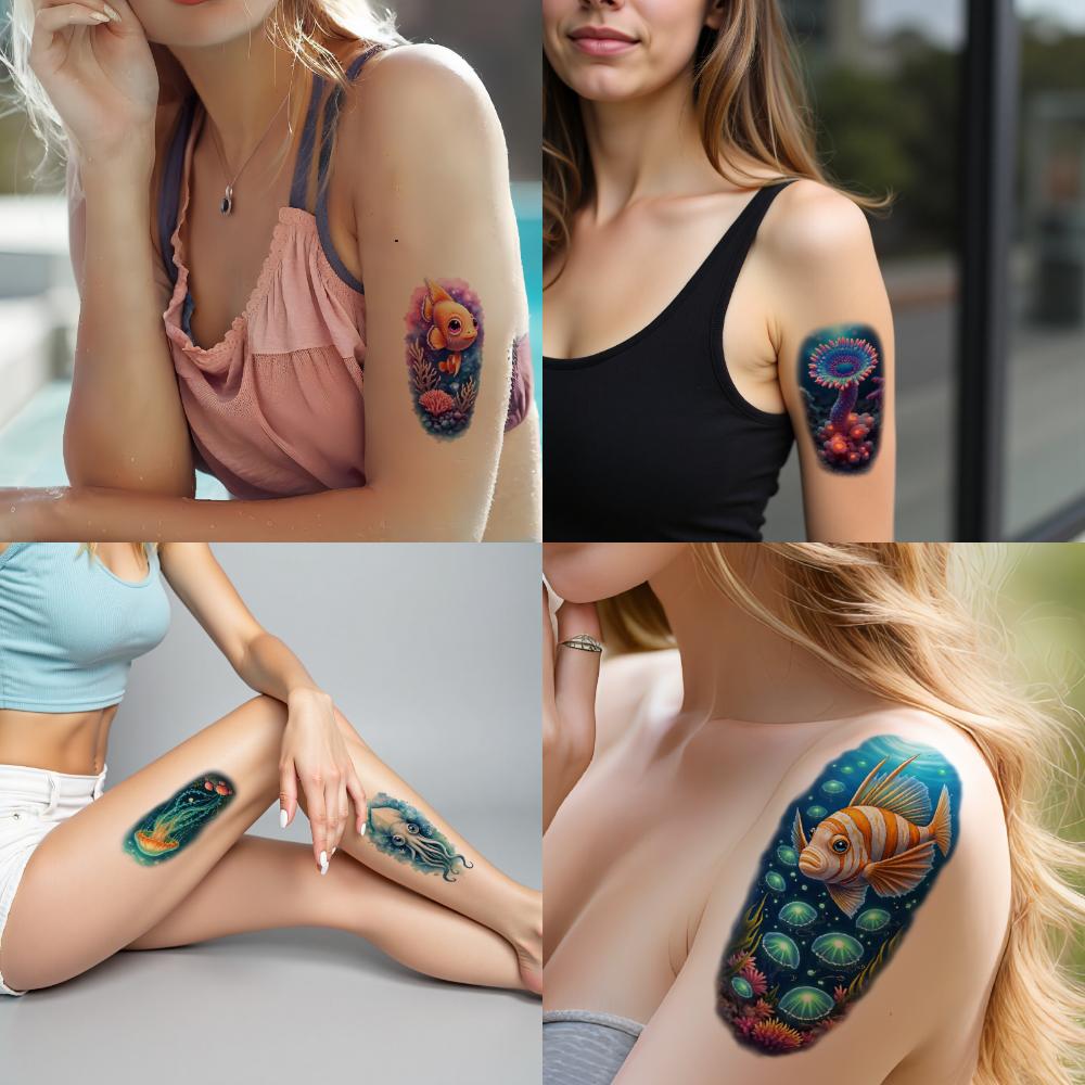 12 Stück Temporäre Tattoos Wasserdicht Langlebig Körperaufkleber Seepferdchen Meeresleben Algen Für Arme Oberschenkel Erwachsene