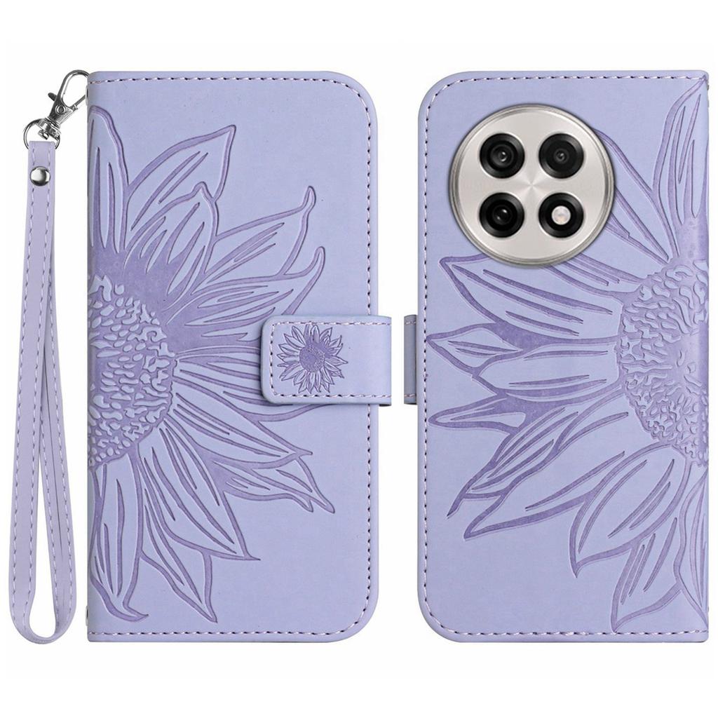 For OnePlus 13R 5G Case Sunflower Imprint Leather Wallet Phone Cover with Wrist Strap