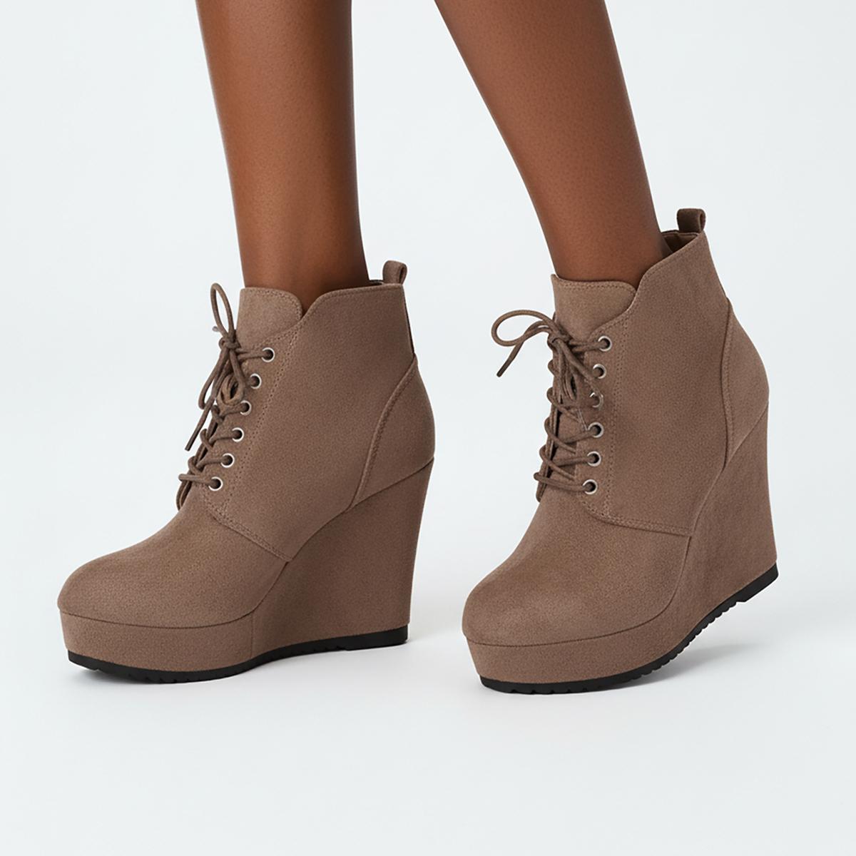 Nieuwe Dames Laarzen Plus Size Chunky Platform Enkellaarsjes Vrouw Herfst Winter Booties Mode Veterschoenen met Wedgezool voor Dames 38 brown