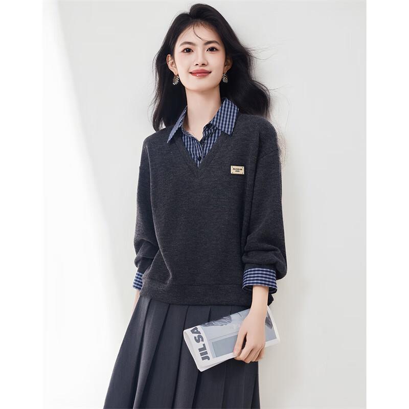 Xinfeiyu Women's Faux Two-Piece Patchwork Loose Sweatshirt