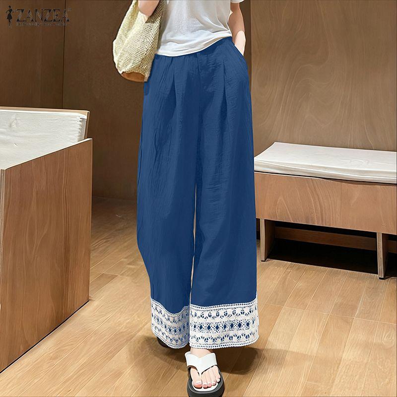 ZANZEA Women Casual Elastic Waist Loose Patchwork Loose Pants