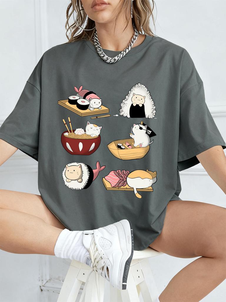 Kawaii Sushi Cats Printing TShirts Womens Summer Cotton Short Sleeve T Shirt Loose ONeck Comfortable Tops Casual Woman Clothes