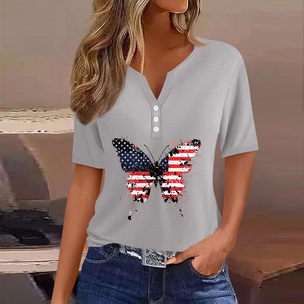 Women's T Shirt Tee Independence Day Print Button Short Sleeve Daily Weekend Fashion Basic V-Neck Regular Top