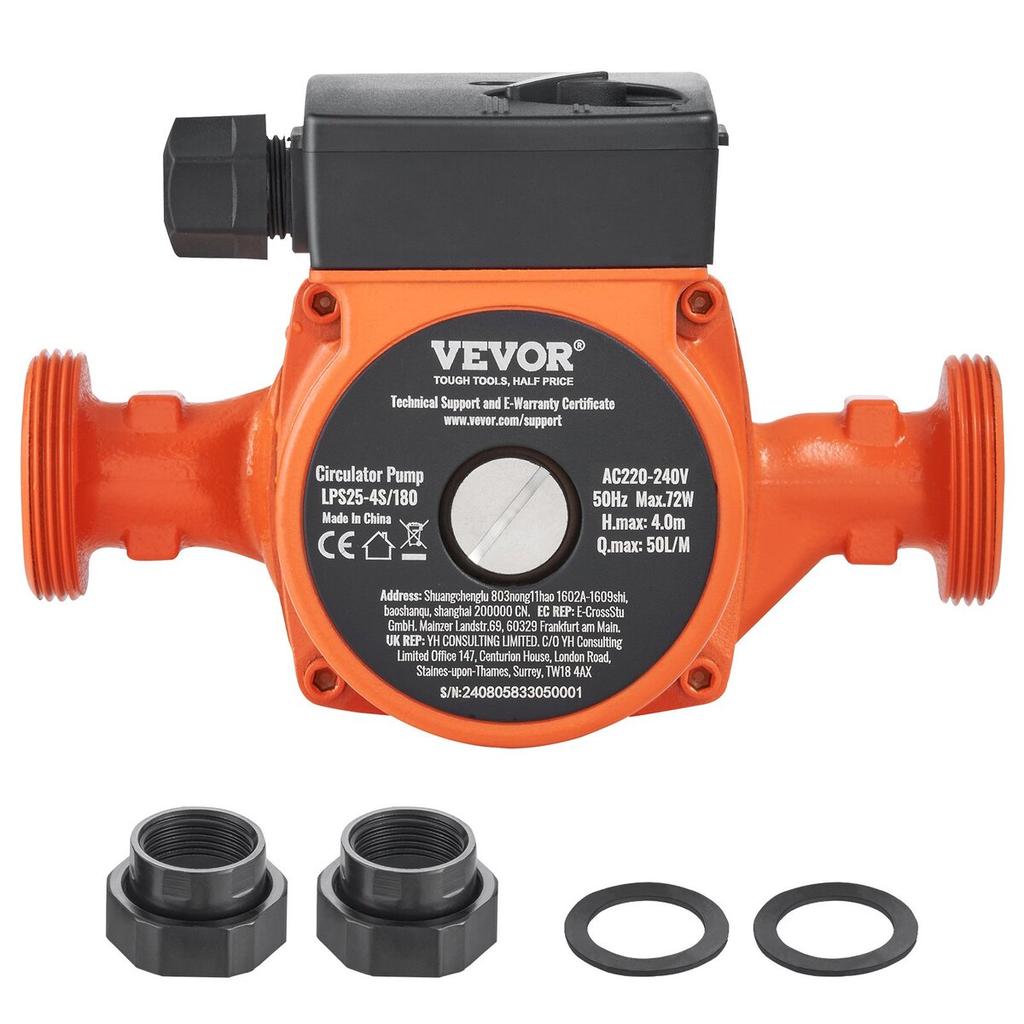 Vevor Hot Water Circulation Pump Cast Iron Recirculating Pump 220V 72W, 50 L/min Max Flow Rate, 4m Max Head Lift, 1-1/2" Threaded Connection, 2°c To