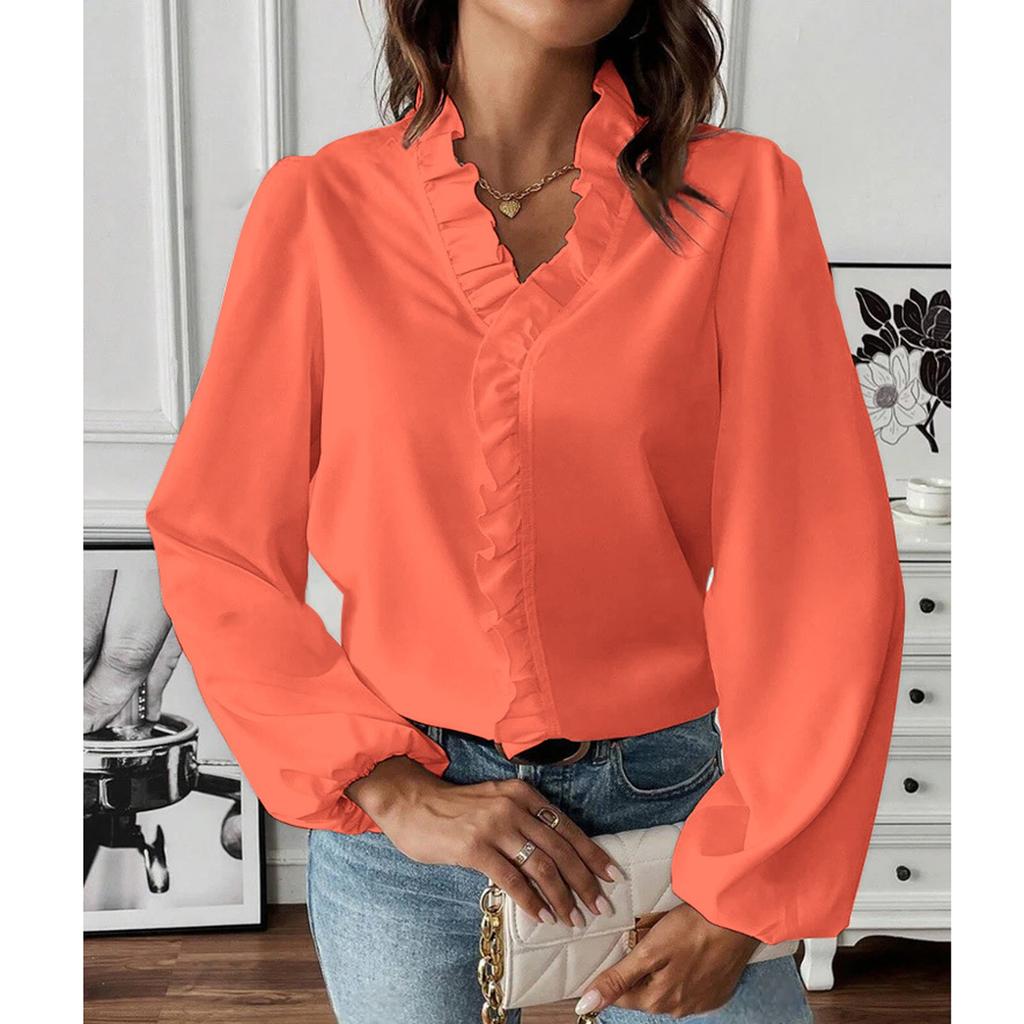 Women's Ruffle Edge Solid Color V-Neck Fashionable Casual Long Sleeved T-Shirt Shirt Top