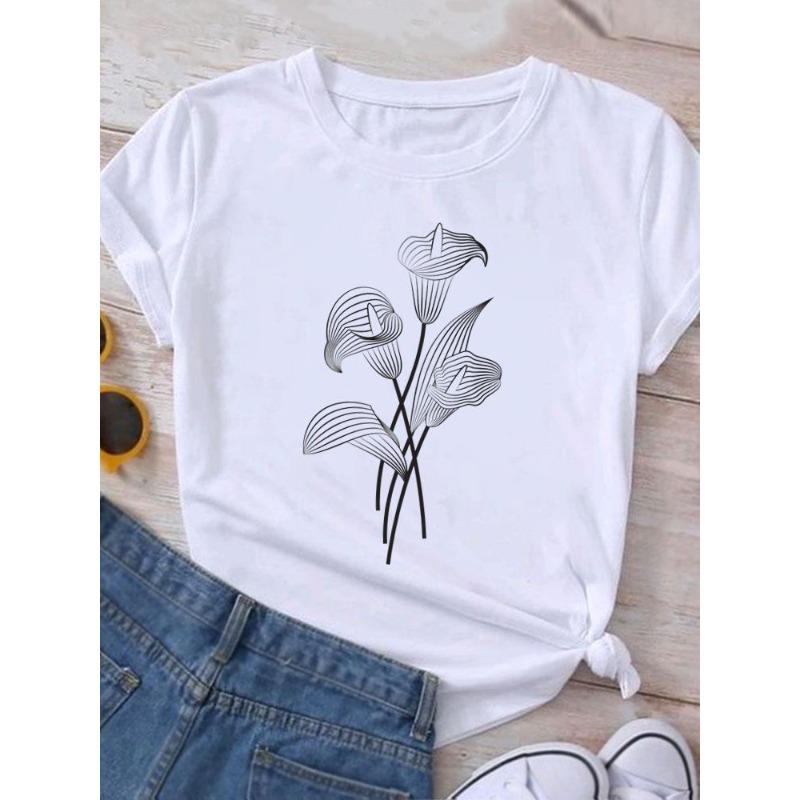 European Size Clothing T Shirt Tee Top Watercolor Trend 90s Flower Women Woman Print Fashion Female Short Sleeve Graphic T-shirts