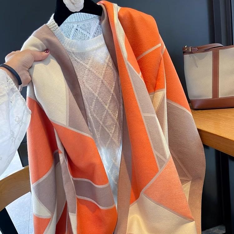Vielseitiger Schal im koreanischen Stil, orangefarbener Reis, geometrischer Farbblock, offene Kante, Imitat-Kaschmir, doppelseitig verwendbar für Damen, warmer Winterschal, lange Stola
