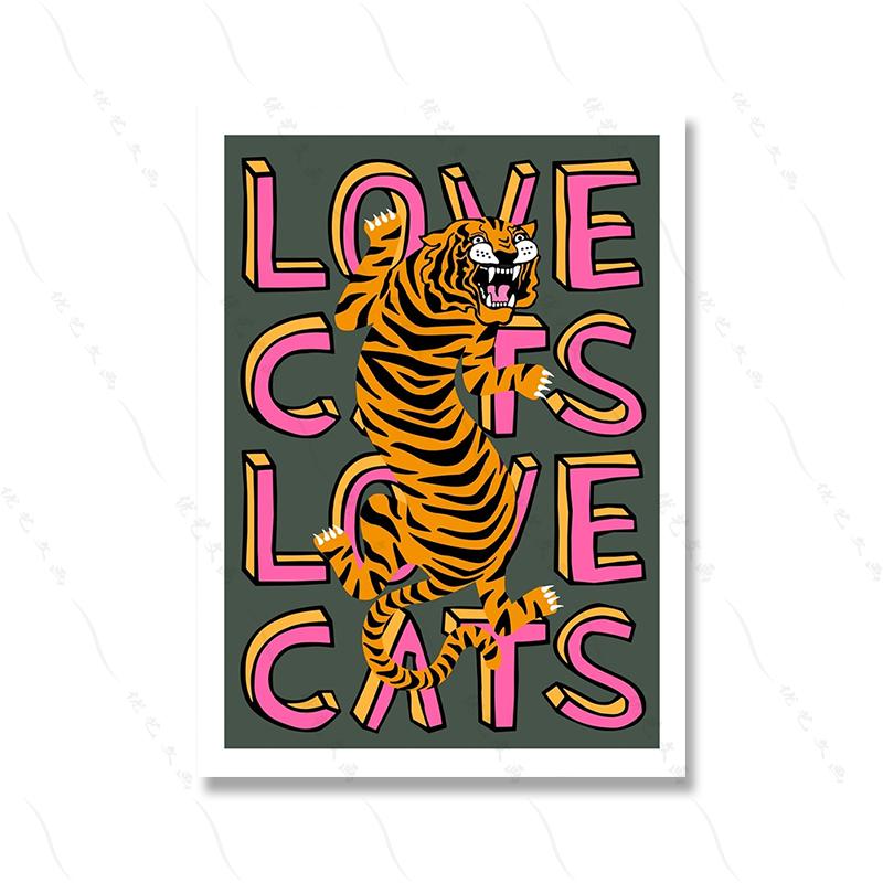 Liebe Katzen Tiger Leopard Porträt Blau Kunstdruck Cartoon Kinderzimmer Wand Poster Zitat Bunte Coole Leinwand Malerei Wohnkultur