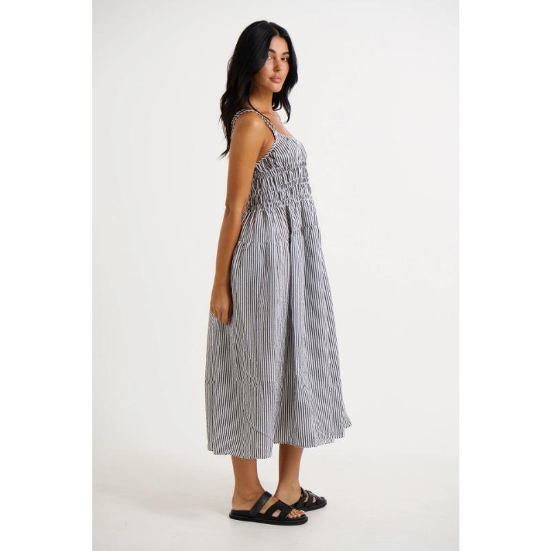 Women Sexy Loose Striped Suspender High Waist Slimming Commuting Midi Dress