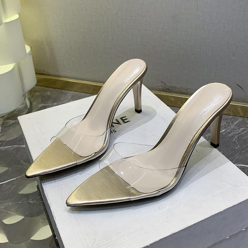

Модные женские мюли на высоком шпильке, лаконичные туфли с острым носком и открытым носком на тонком каблуке, сексуальные летние современные шлепанцы для офисных леди 43 золотой