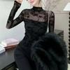 Damen Slim Fit Spitzenunterhemd, Halboher Kragen, Beflockte Langarm - Perfekt für Herbst und Winter