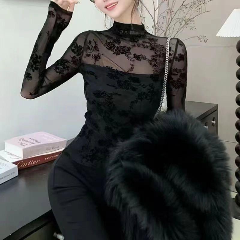 Damen Slim Fit Spitzenunterhemd, Halboher Kragen, Beflockte Langarm - Perfekt für Herbst und Winter