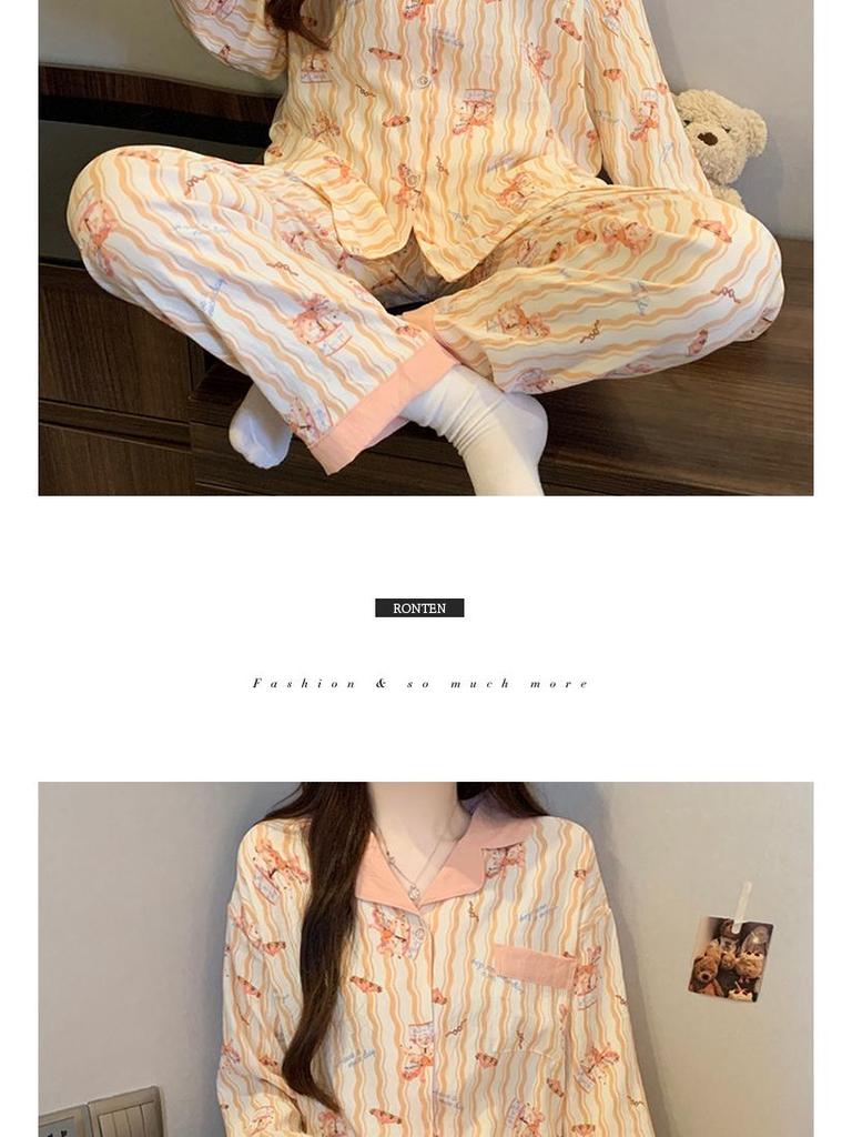 Striped Cotton Pajama Set: Long Sleeve, Color Block, Turn-Down Collar for Autumn/Spring
