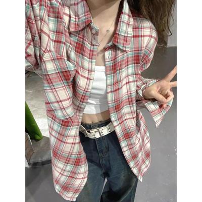 Camisa Xadrez Flanela Retrô Feminina Manga Longa - Primavera/Outono Solta Casual Jaqueta Cardigã