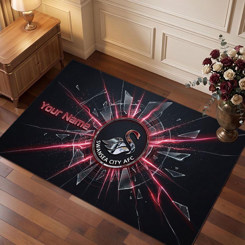 Swansea City FC Custom Crystal Velvet Rug, Personalized Name Text Print, Football Logo Soft Non‑Slip Floor Mat Home Decor Gift