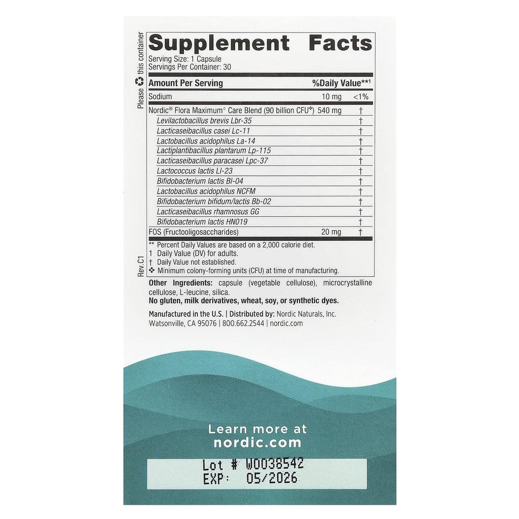 Nordic Flora Probiotic, Maximum Care, 90 Billion CFU, 30 Capsules