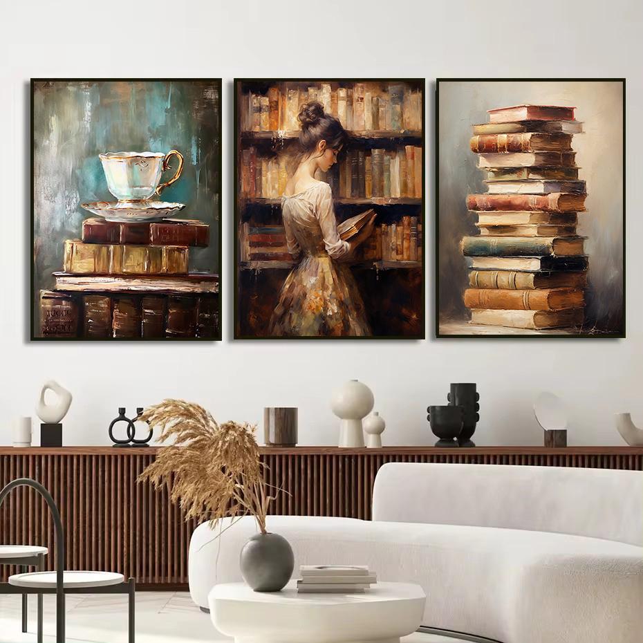 Vintage Elegant Lady Reading Stack of Books Motivational Quotes Poster Canvas Painting Wall Art Picture Room Home Decor