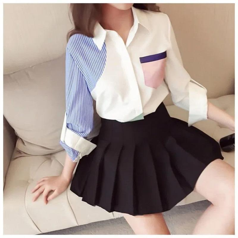 

Весенне-осенняя мода Отложной воротник Длинный рукав Женская одежда Рубашки Пэчворк Пуговицы Свободный кардиган Универсальные блузки 2XL белый