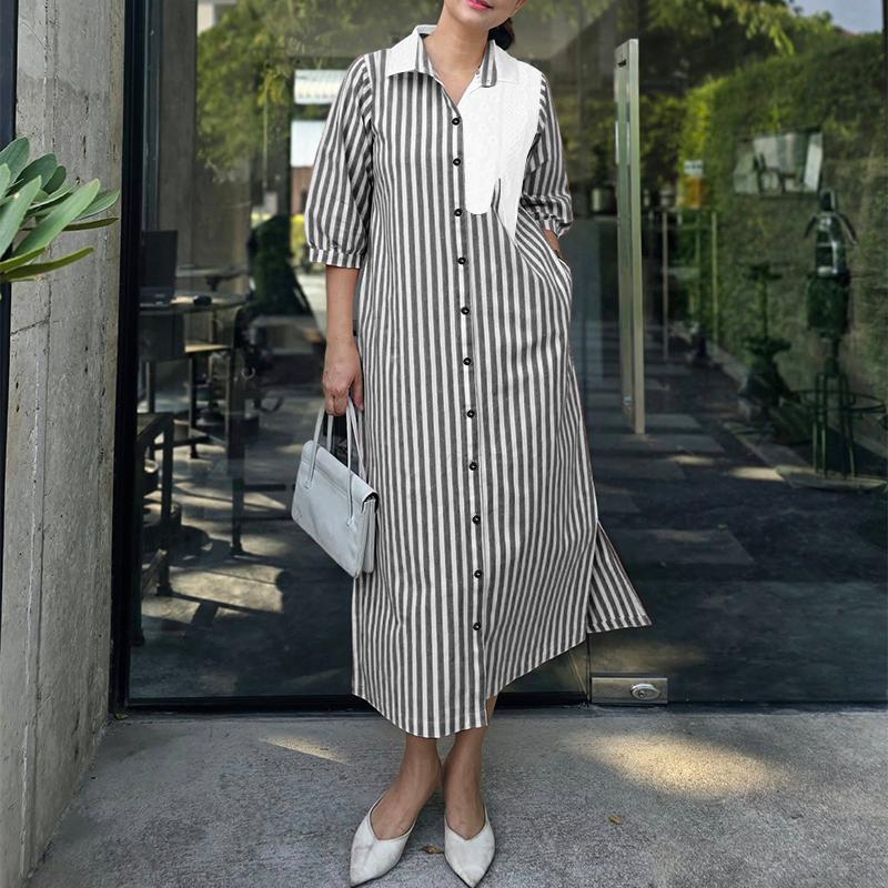 ZANZEA Women Casual Turn Down Collar Loose 3/4 Sleeve Stripe Dress