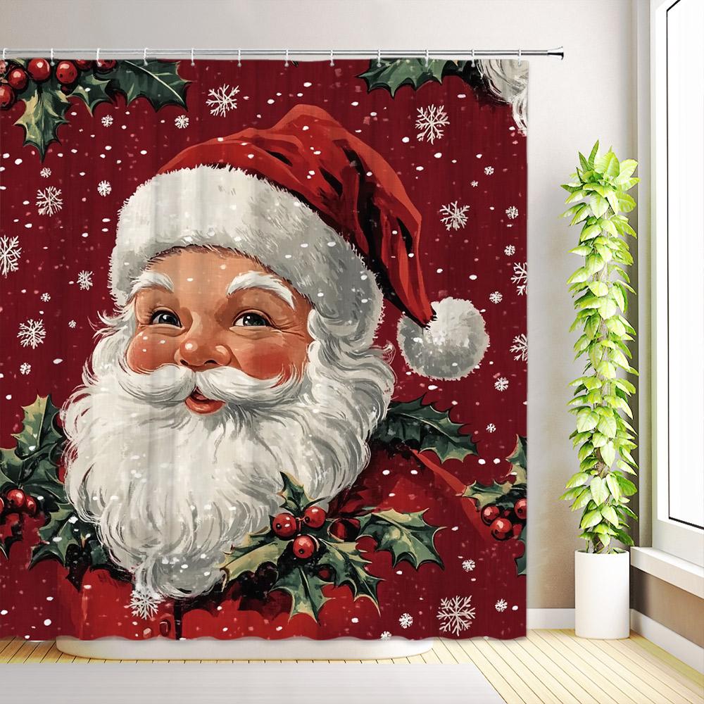 Christmas Cute Snowman Shower Curtains Santa Claus Winter Snowflake Snow Scenery Cedar Reindeer Xmas Bathroom Decor With Hooks
