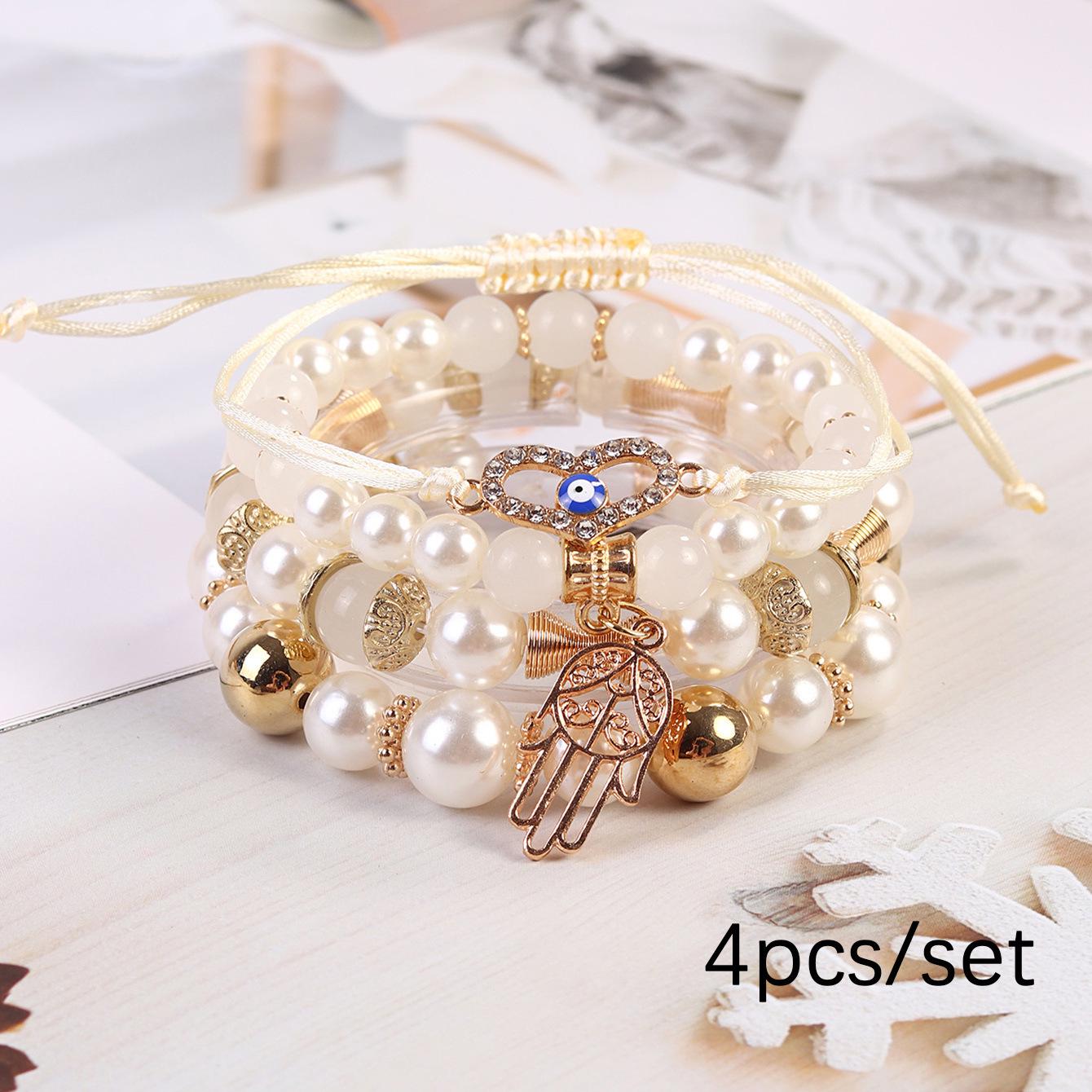 Bohemian Style Beaded Bracelet with Hollow Palm Pendant and Faux Pearls белый