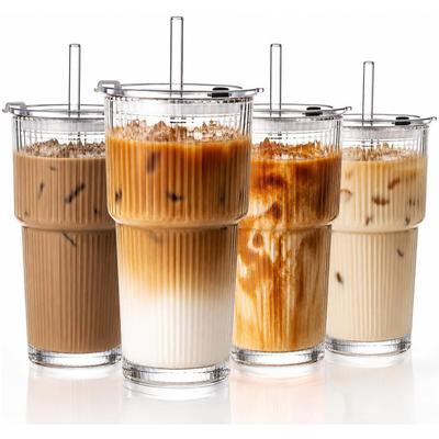 1/2/4 Pak Iced Coffee Bekers met Rietje en Deksel, 20oz Geribbeld Glazen Tumbler - Herbruikbare Glazen Bekers en Tumblers voor To Go Iced Coffee Bar Accessoires