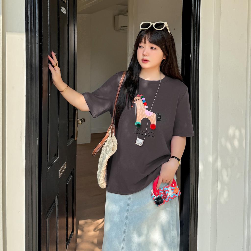 Large size natal year printed pony ball T-shirt 2026 spring new pullover versatile loose top 124326