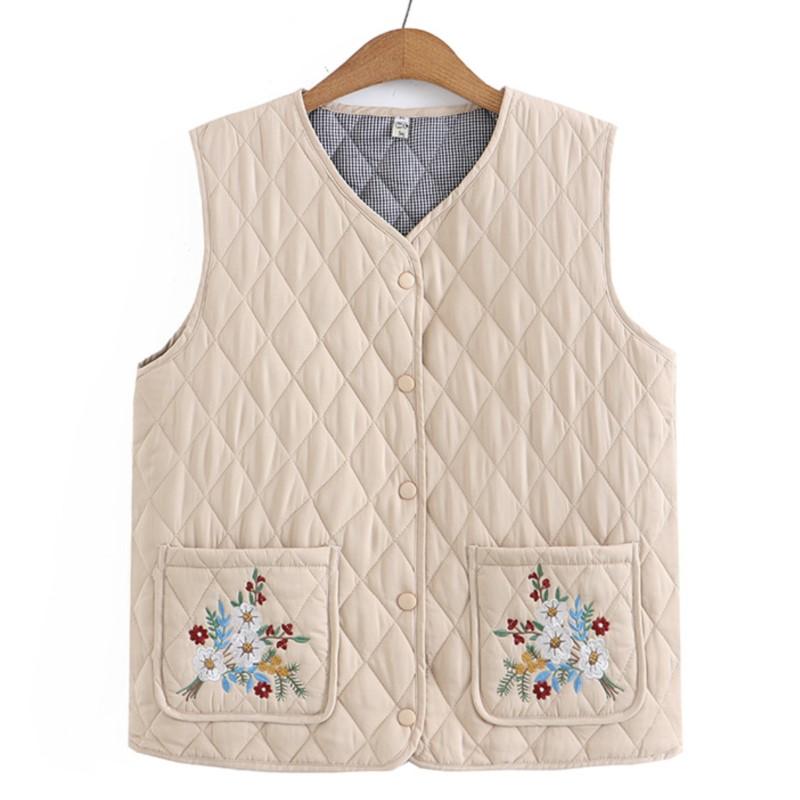 Fall Winter Parka Plus Size Women's Clothing Middle Aged Sleeveless Jacket Fashion Argyle Pocket Floral Embroidered Quilted Vest