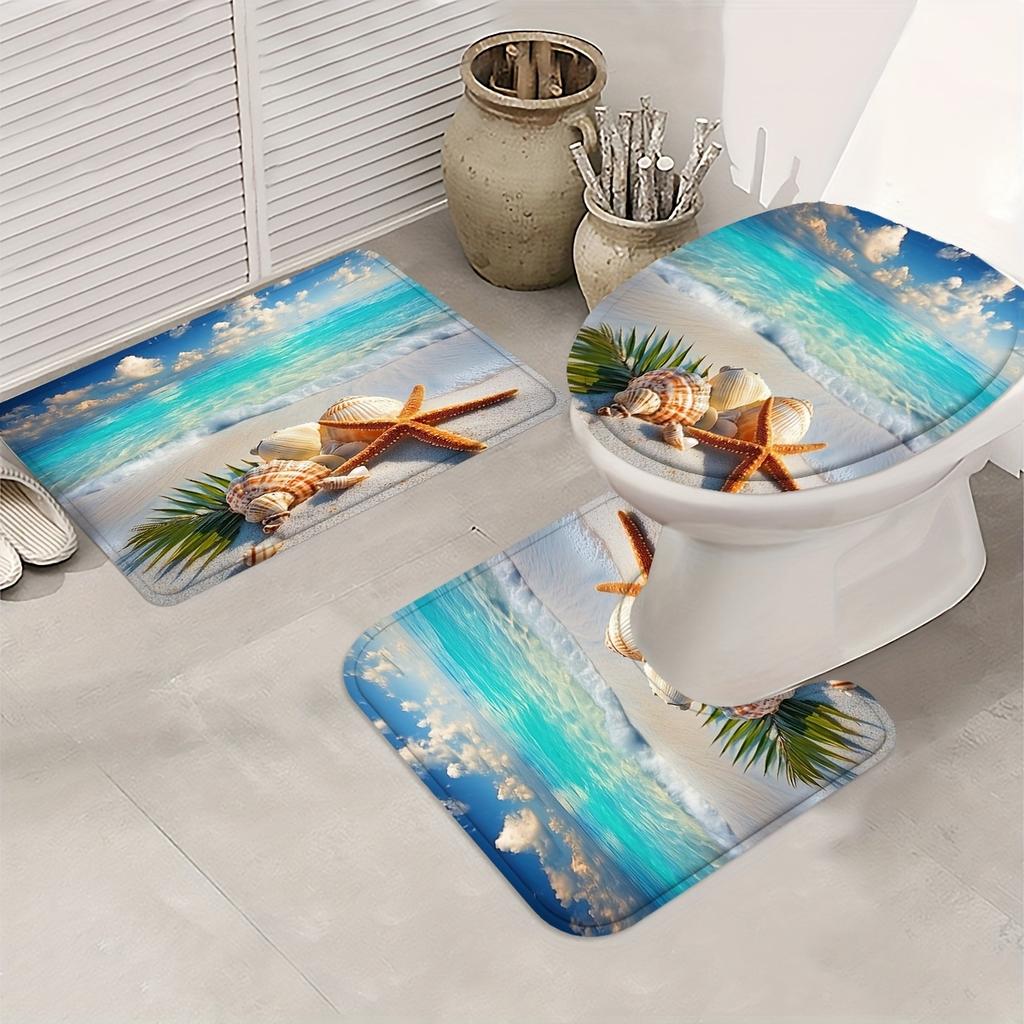 4Pcs Tropical Seashells Shower Curtain Set with Non-Slip Bath Mat, Toilet Lid Cover, Contour Rug & 12 Hooks, Bathroom Decor