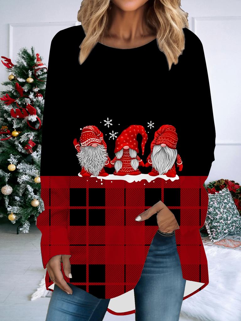 Plus Size Women Spring Christmas Printed Comfy Long Sleeve Round Collar T-shirt Casual Baggy Mid Length Tee Tops
