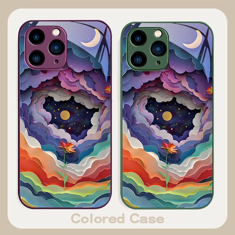 Colorful Night Flowers Purple For Iphone 16 Plus 15 14 13 12 Mini 11 Pro Max X XS XR 7 8 Plus 2022 Tempered Glass Phone Case